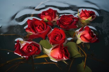 red rose bouquet floating in pool of water, created with generative ai