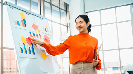 Young woman explains business data on white board in casual office room . The confident Asian businesswoman reports information progress of a business project to partner to determine strategy . Jivy