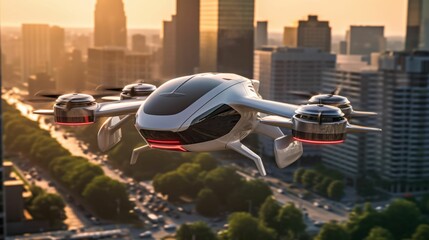 Futuristic air vehicle hovering over a bustling urban skyline at dusk, AI-generated.