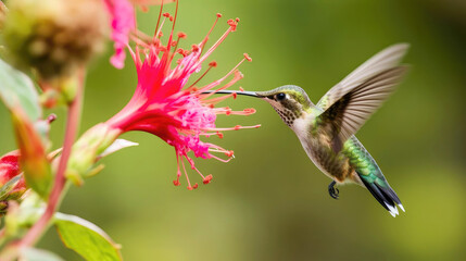 Colorful hummingbird feeding from a flower
