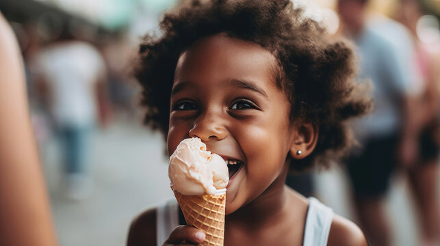 Child with ice cream cone at a summer fair