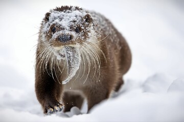 Closeup of a North American river otter eating fish in a forest covered in the snow in Belarus