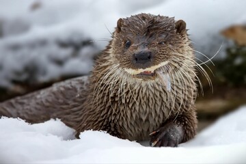 Closeup of a North American river otter eating fish in a forest covered in the snow in Belarus