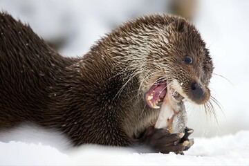 Closeup of a North American river otter eating fish in a forest covered in the snow in Belarus