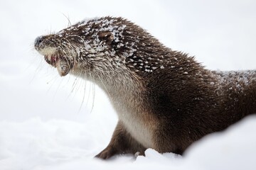 Closeup of a North American river otter eating fish in a forest covered in the snow in Belarus