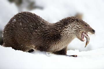 Closeup of a North American river otter eating fish in a forest covered in the snow in Belarus
