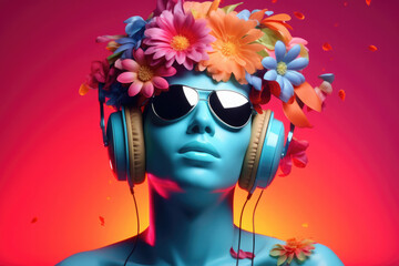 Künstlicher Mann mit Sonnenbrille und Kopfhörern - Bunte Blumen im Haar -  Synthwave oder Vapowave Stil