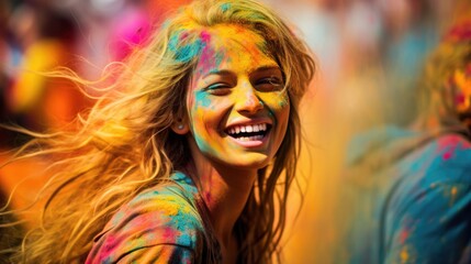 vibrant photo of a beautiful young woman playing with colors