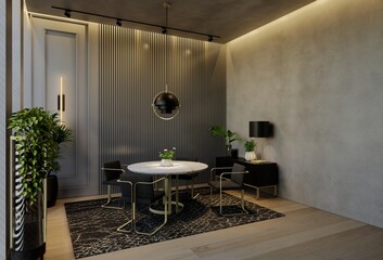 Modern dining room interior design contemporary, with natural tones on the room, walls, floor and ceiling. 3d rendering illustration