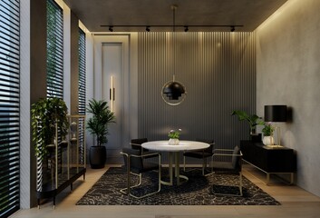Modern dining room interior design contemporary, with natural tones on the room, walls, floor and ceiling. 3d rendering illustration