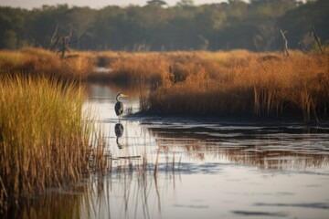 marsh with heron stalking the waters for prey, created with generative ai
