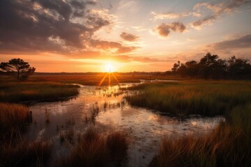 wetlands and marshes, with view of sun setting over the horizon, created with generative ai