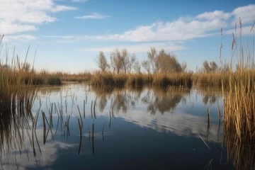 Foto op Plexiglas wetland with tall reeds and reflections of the sky in the water, created with generative ai © altitudevisual