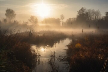 sun shining through the misty air over wetland and marsh, created with generative ai