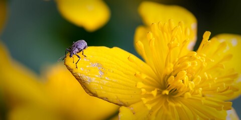 Close-up view of a yellow flower with raindrops and an insect on its petals