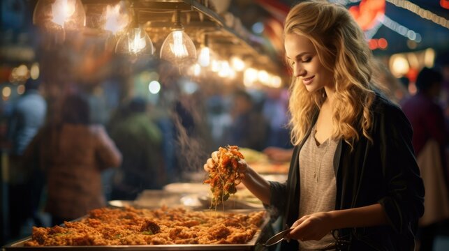  Candid Photograph Of A Young Woman At A Street Food Festival