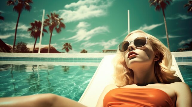 stock photo of a young blonde woman sunbathing at a pool