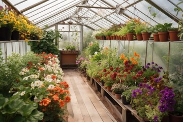 Fototapeta premium greenhouse with greenery and blooming flowers, created with generative ai