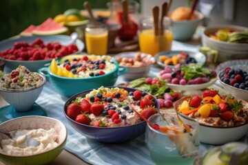 casual summer picnic with a variety of dishes and drinks, created with generative ai