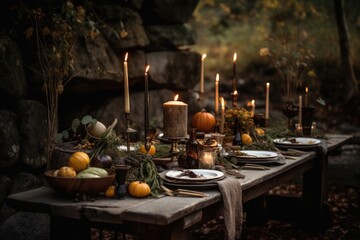Fototapeta na wymiar rustic outdoor table setting with natural elements and candlelight, created with generative ai