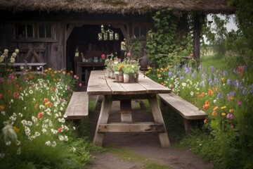 rustic picnic table surrounded by blooming flowers, ideal for a romantic evening, created with generative ai