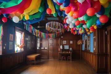 colorful balloons and streamers decorate the reception area, created with generative ai