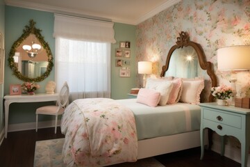 warmly lit room, filled with soft pastel accents and floral details, created with generative ai