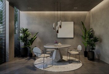 Modern dining room interior design contemporary, with natural tones on the room, walls, floor and ceiling. 3d rendering illustration
