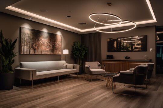 a sleek and modern waiting area with contemporary furniture, soft lighting, and ambient music, created with generative ai