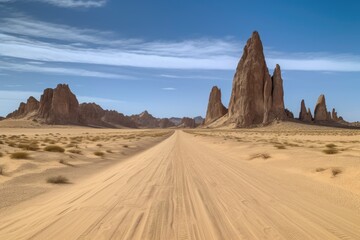 Naklejka premium road trip through the desert, with endless sand dunes and towering rock formations in the background, created with generative ai