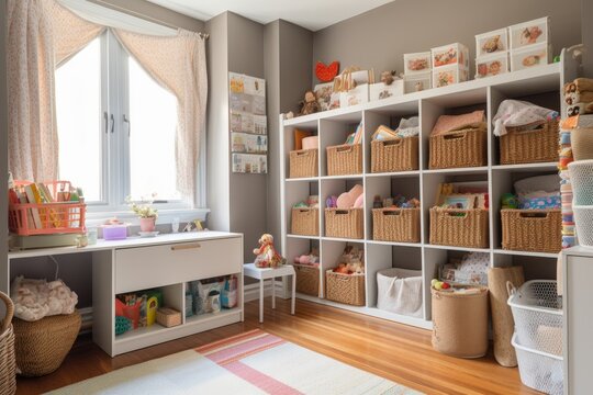small room with lots of storage solutions, including shelves, baskets, and bins, created with generative ai
