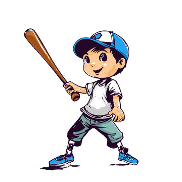 Young Baseball Player Kid in Action: Vector Graphic of a Child Playing Baseball