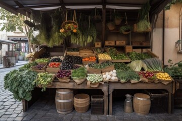 creative vegetable stand with fruits, vegetables, and herbs on display in urban market, created with generative ai