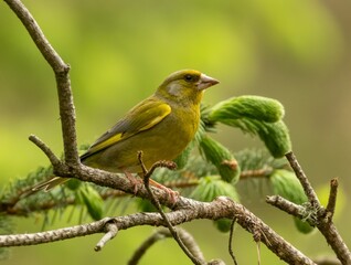 Greenfinch perched on the tree branch