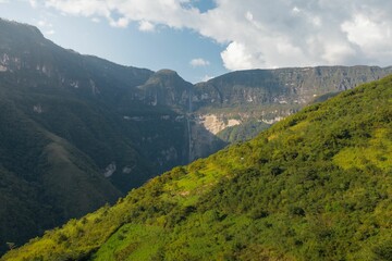 Scenic view of Gocta waterfall cascading through a lush and verdant jungle in Peru