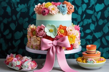 bright and whimsical flower wedding cake with pastel flowers and ribbon accents, created with generative ai