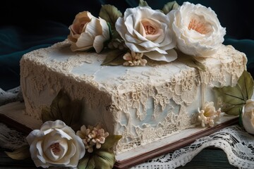wedding cake, covered with delicate sugar flowers and lace accents, created with generative ai