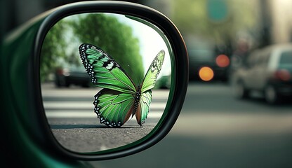 AI generated illustration of a green butterfly reflected on the side mirror of a vehicle