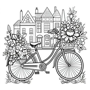 A bicycle with a basket full of flowers. Generative AI.