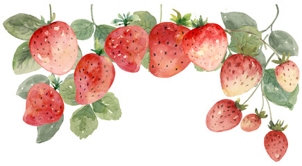 Strawberries Drop Border Frame Watercolor Hand Painted on Isolated Background - 618759936