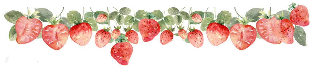 Strawberries Drop Border Line Watercolor on Isolated Background, Hand painted and Hand drawn
