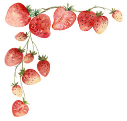 Strawberry Large Corner with Curve Branch Watercolor Hand Painted - 618759956