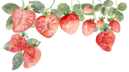 Strawberries Full and Half, Drop Border Frame Watercolor Hand Painted on Isolated Background - 618759985