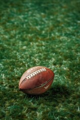 close-up of an american football on grass field, created with generative ai
