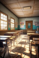 classroom interior with empty desks and chairs, created with generative ai