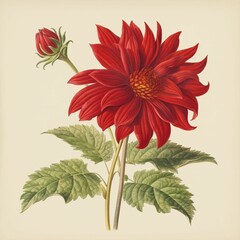 AI generated illustration of red flowers and green leaves on a beige background
