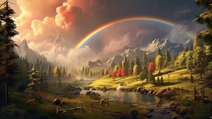 Summer nature rain weather rainbow landscape Generative AI