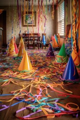 birthday party hats and streamers on the floor, created with generative ai