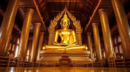 Obraz premium big golden buddha statue sitting in thai temple Generative AI