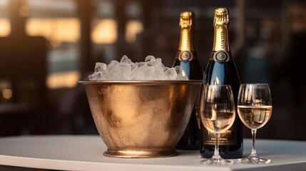 Bottle of champagne in bucket with ice and glasses on blurred background Generative AI - obrazy, fototapety, plakaty